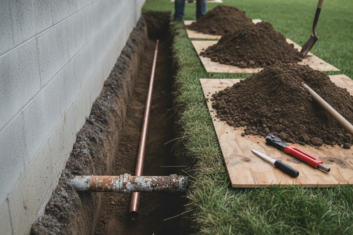 Excavated water line trench during Water Softener Installation in Cressey